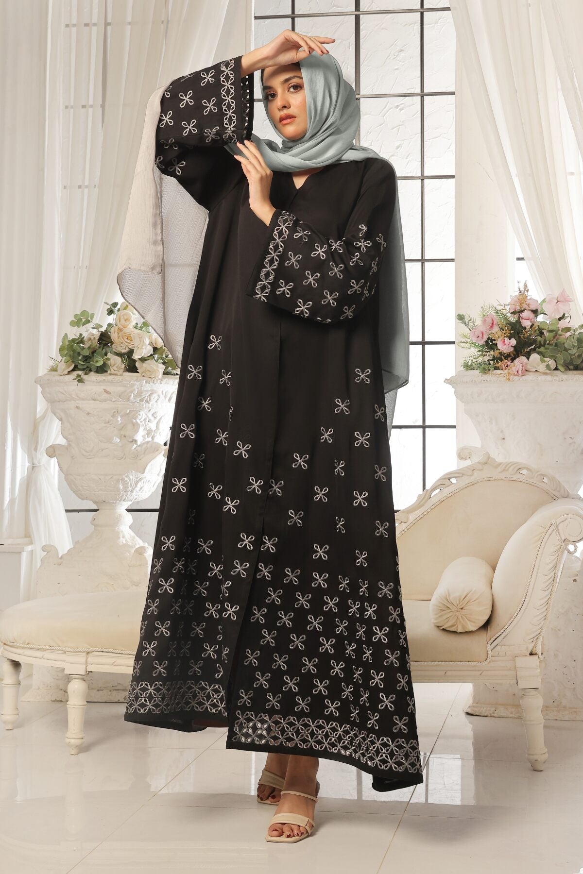 White Leaf Petal Embroidered Abaya